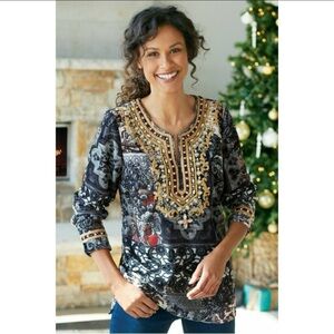 Sz L Soft Surroundings Small Velvet Venetian Long Sleeve Blouse NWOT $149 MSRP
